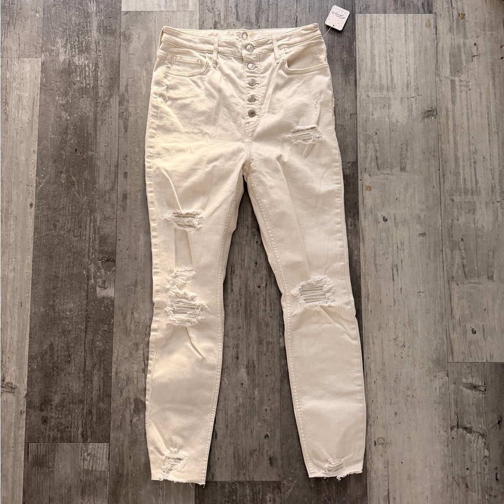Free People We The Free Skinny Jeans White Distressed High Rise Raw Hem NWT 30